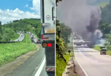 Carreta tanque pega fogo em rodovia em SP e causa congestionamento