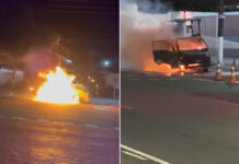 Caminhão pega fogo durante serviço para a Prefeitura de Guarujá