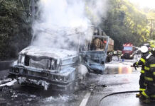 Carreta com 35 toneladas de gesso pega fogo na rodovia Anchieta